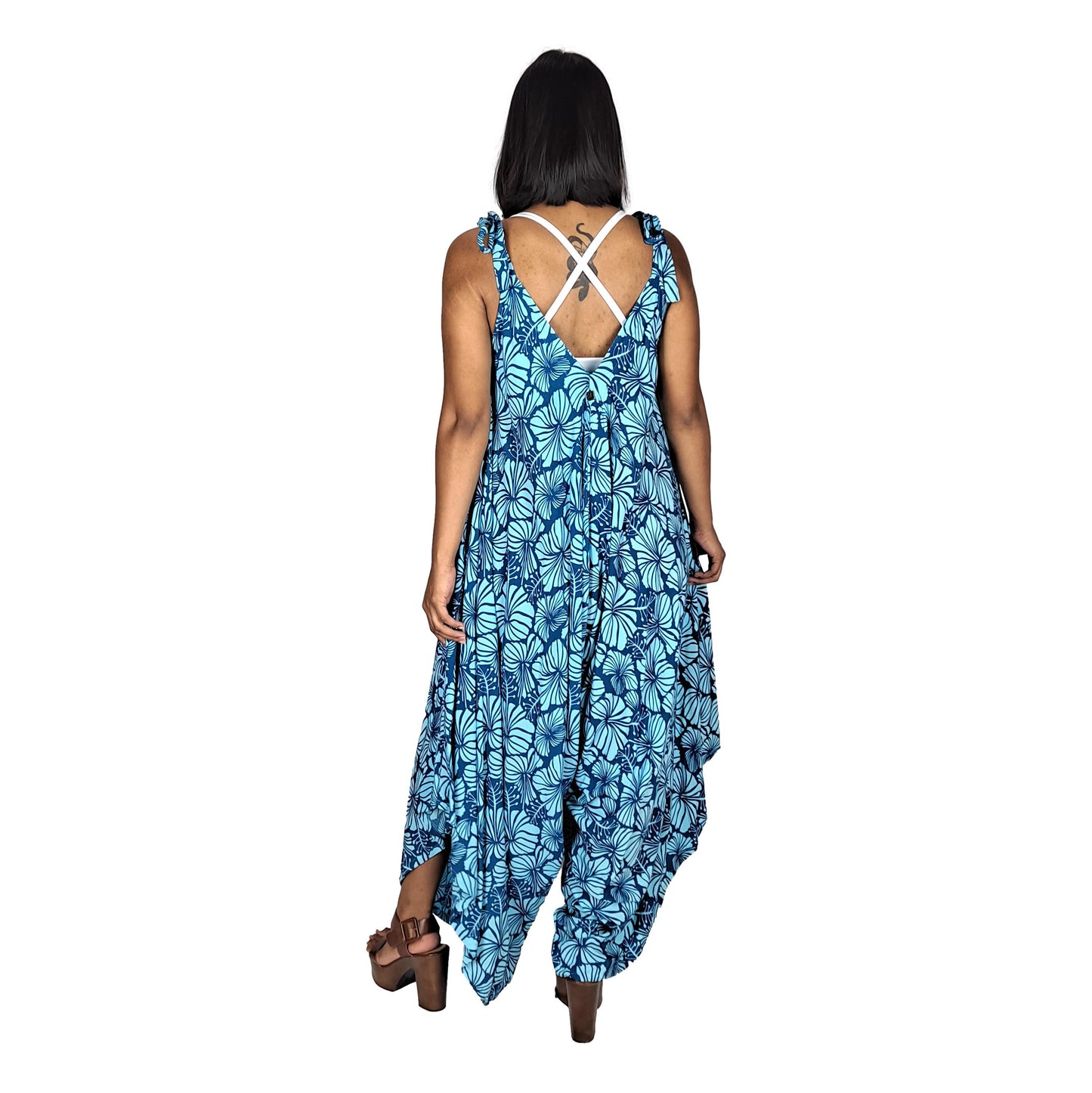 Bali Jumper - BJ-4015 - Dark Blue and Teal Hibiscus, Tie Strap