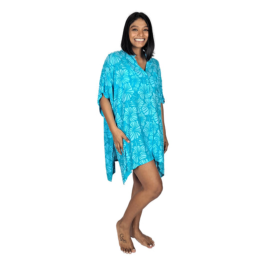 Boca Raton BOCA-4014 - Blue and Teal Hibiscus Cover Up Shirt One Size up to 3X