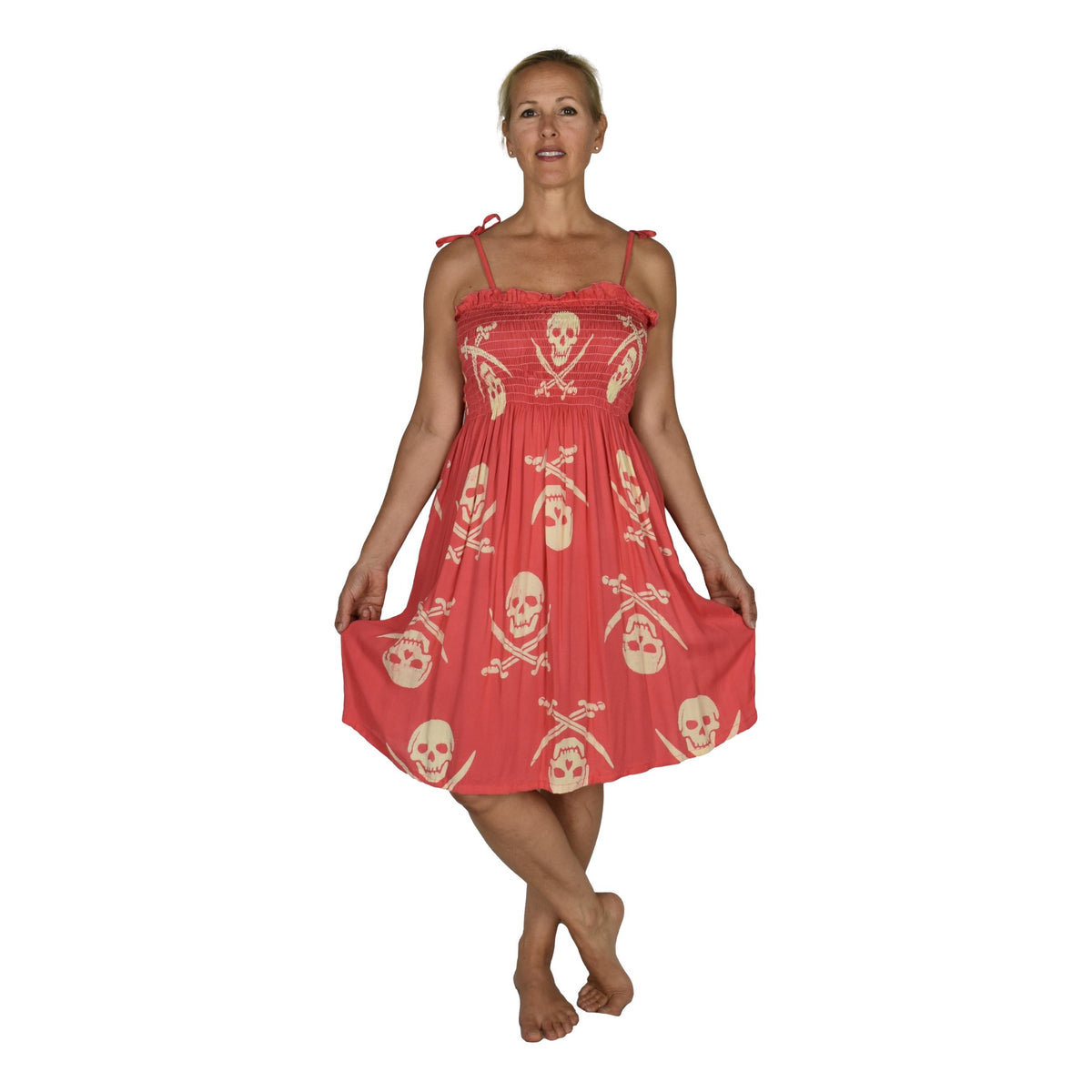 Elastic Smocked Dress – E1-3042 – Pink Pirate Print, Tie Straps