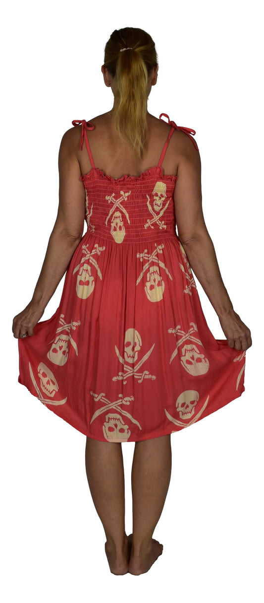 Elastic Smocked Dress – E1-3042 – Pink Pirate Print, Tie Straps