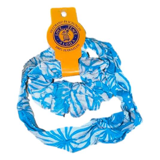 Headband & Scrunchie Set – HB-SCR-4005– Light Blue and White Hibiscus