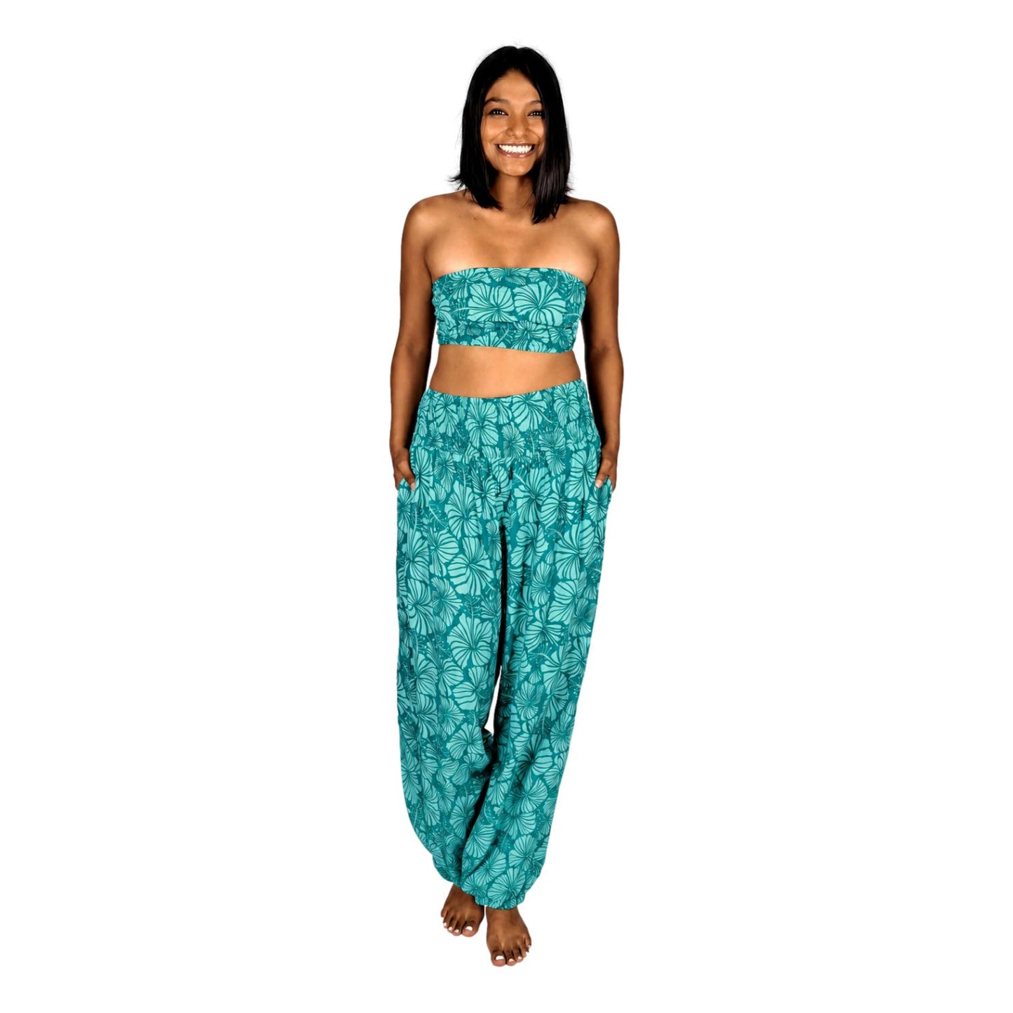 Pant Set - PNT-4014 - Teal Hibiscus with Bandeau