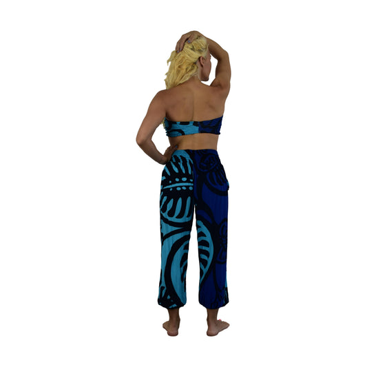 Pant Set - PNT-MON2-6 - Blue Monstera with Bandeau and Scrunchie, OS