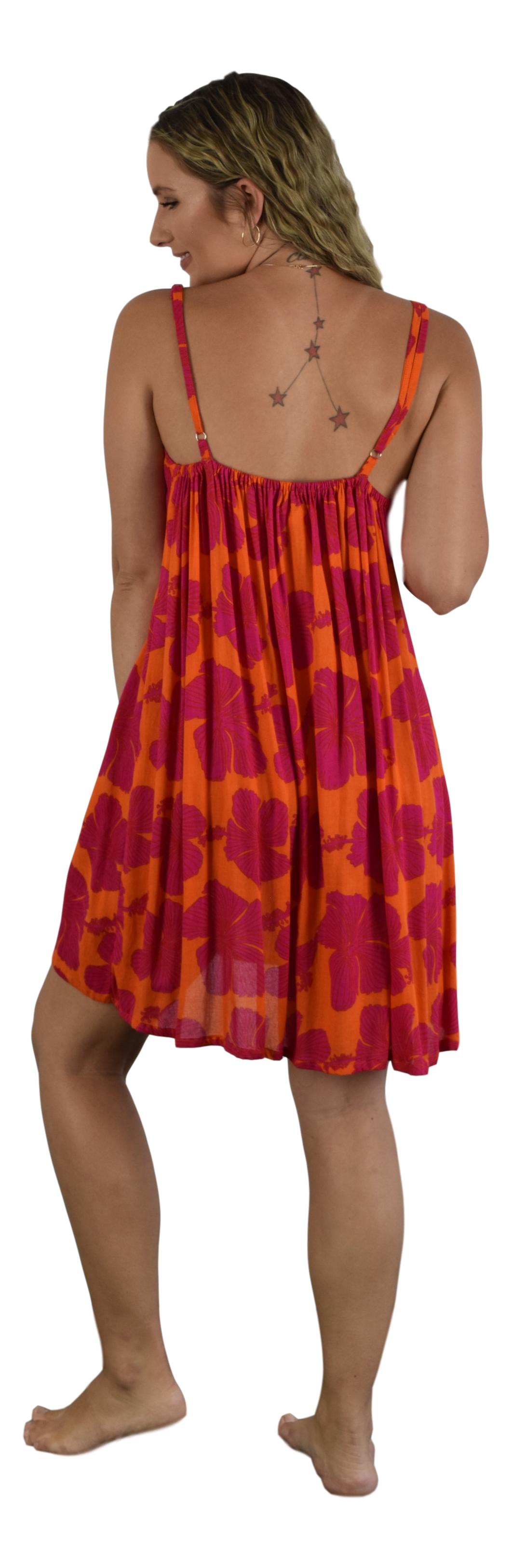 Bali Dress Short - BD-1501-S - Red Hibiscus on Orange