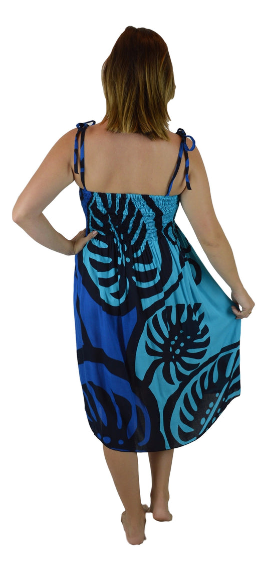 Elastic Smocked Dress – E1-MON2-6 – Blue Monstera, Tie Straps