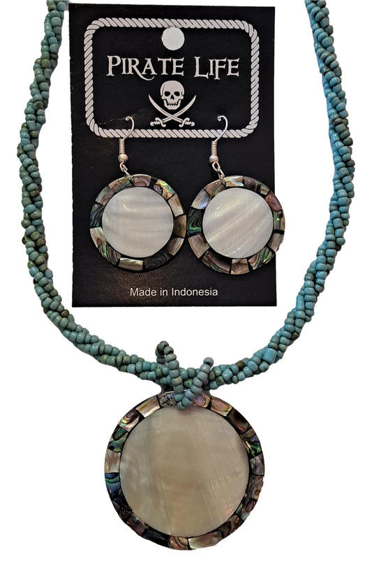 Shell Necklace – JN-EMMA-TQ- Abalone Oyster Round Pendant on Turq Bead