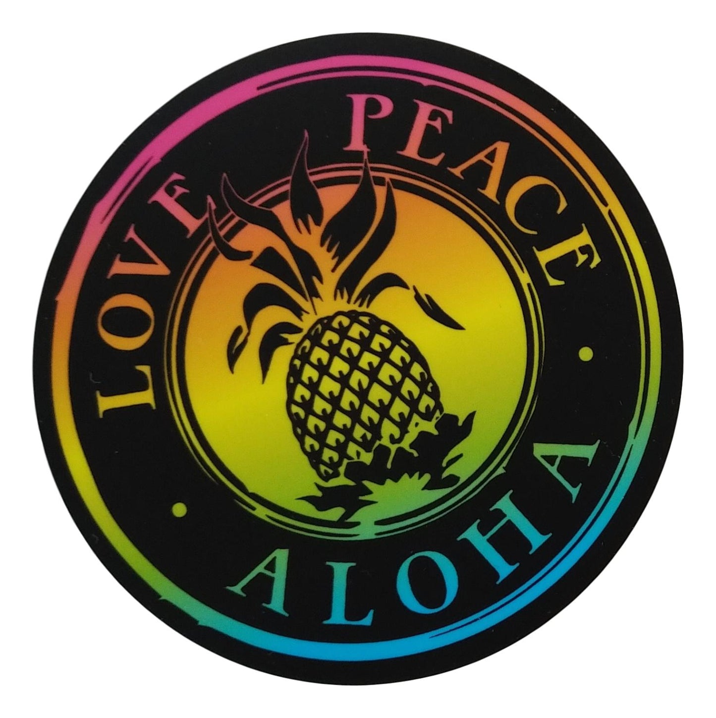 Sticker - SC-LPBLKSHV-4 - Love Peace Aloha, Black Rainbow - 4 inch