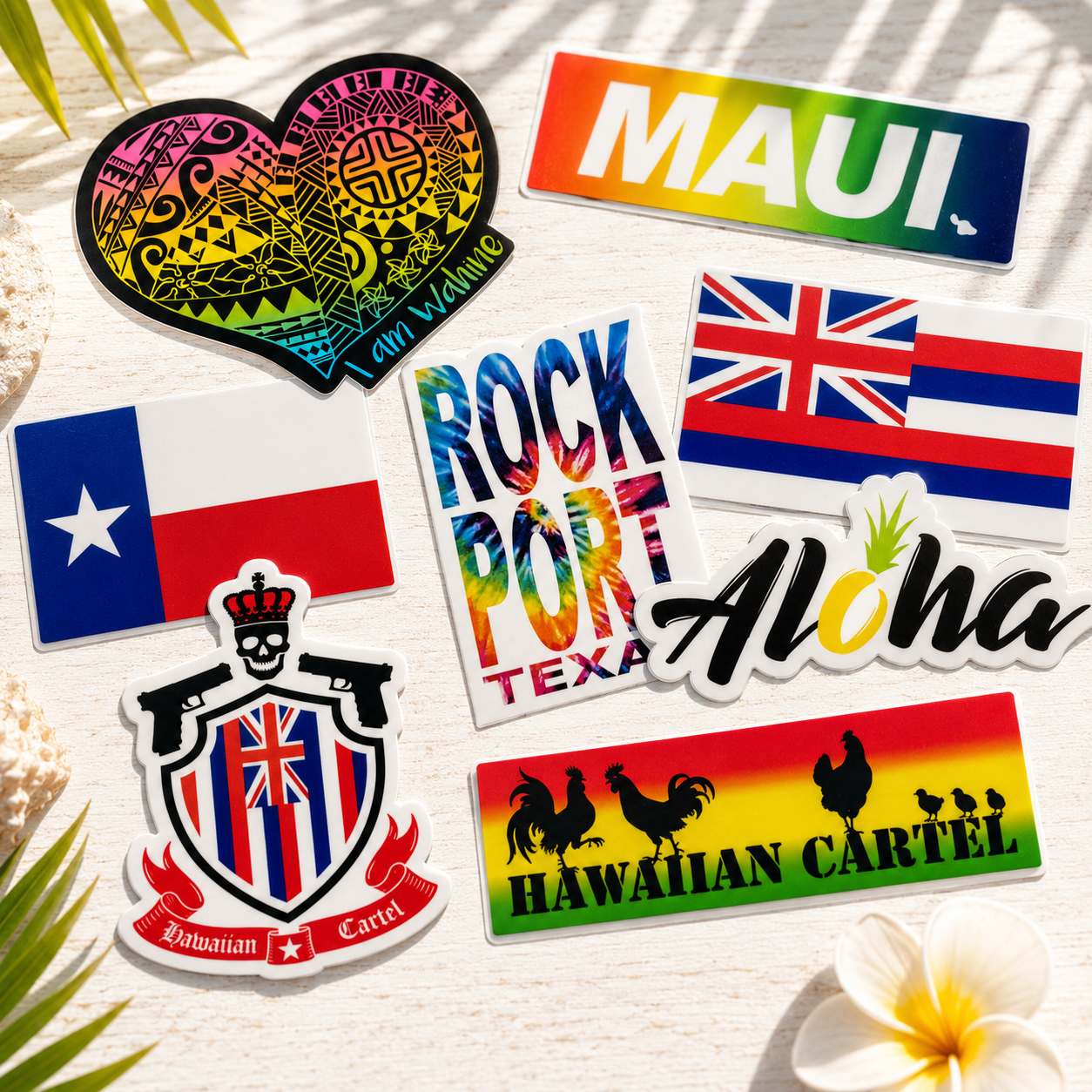 Stickers collection — UV-resistant vinyl Hawaiian, Texas, and coastal themed designs shipped from the USA