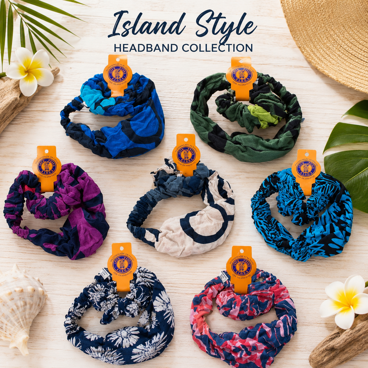Headband and scrunchie sets collection — handmade tropical rayon hair accessories shipped from the USA