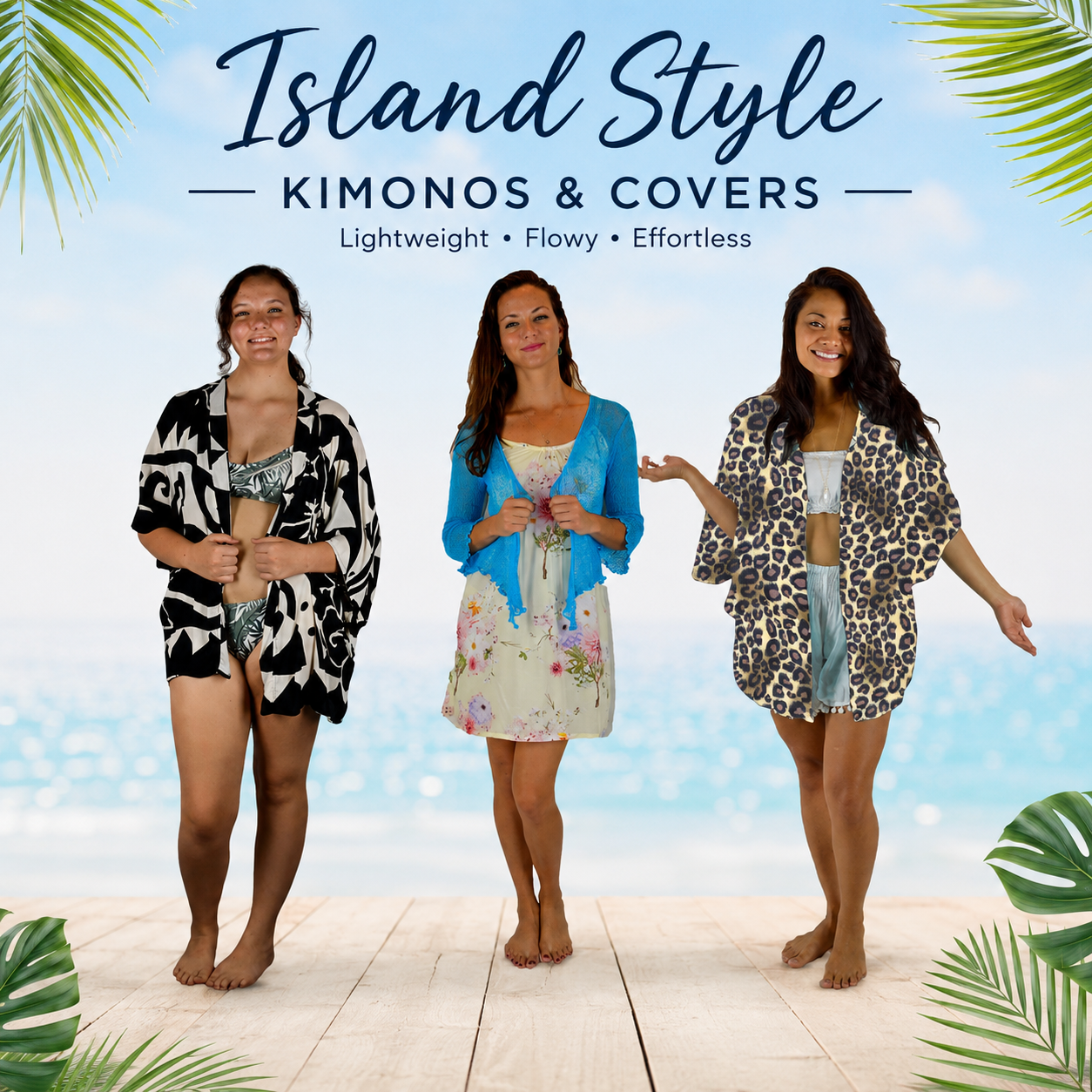 Kimonos and jackets collection — lightweight rayon resortwear layers and cover-ups shipped from the USA