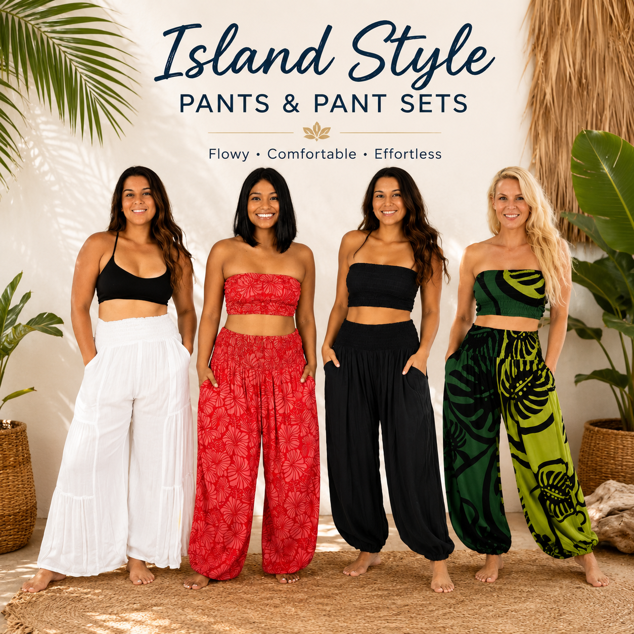 Yoga pants and bandeau sets collection — relaxed one-size rayon resortwear shipped from the USA