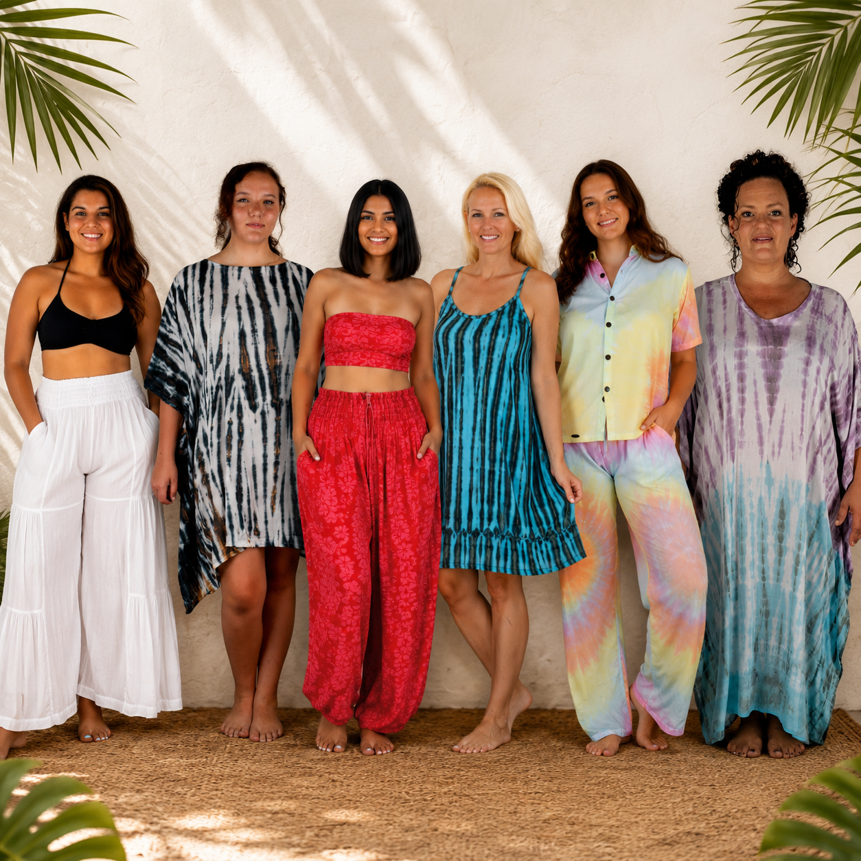 Tie dye collection — hand-dyed boho rayon resortwear shipped from the USA