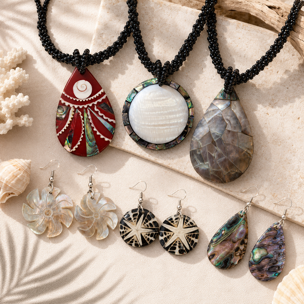 Shell Jewelry collection — natural ocean-inspired necklaces, bracelets, and earrings shipped from the USA