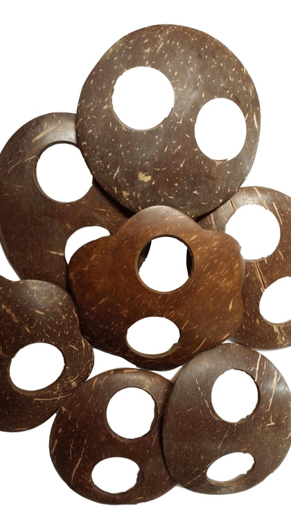 Coconut shell collection — natural tropical accessories and sarong buckles shipped from the USA