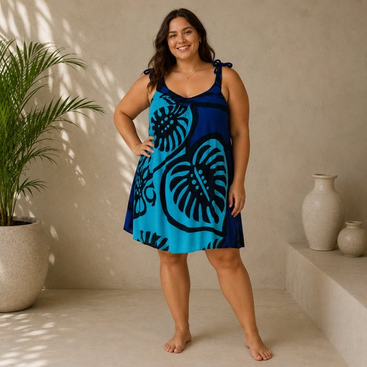 Aruba Dress - ARUBA-MON2-6 - Blue Monstera, Tie Strap Resort Dress