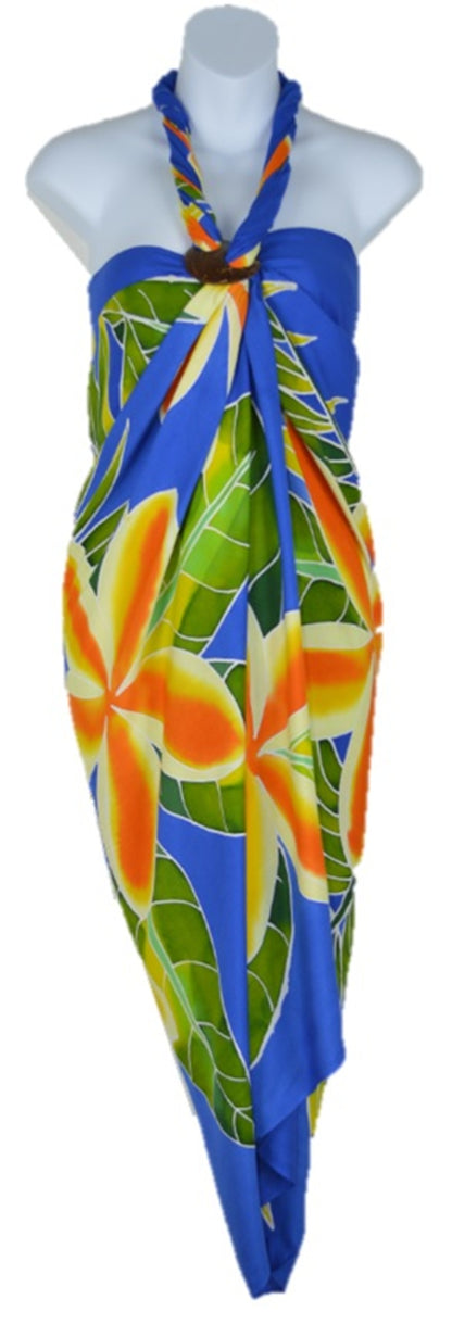 Sarong B-141-F - Batik- Hawaiian Plumeria Blue