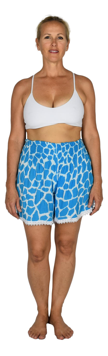 Beach Babe Shorts BBS-3506-S/M - Animal Print Giraffe Blue (S/M)