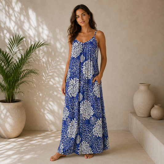Bali Dress Long - BD-1231-L - Blue Chrysanthemum