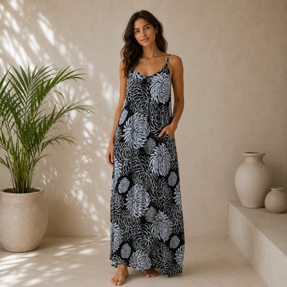Bali Dress Long - BD-1232-L - Black Chrysanthemum