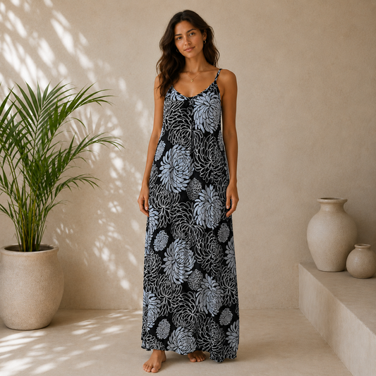 Bali Dress Long - BD-1232-L - Black Chrysanthemum