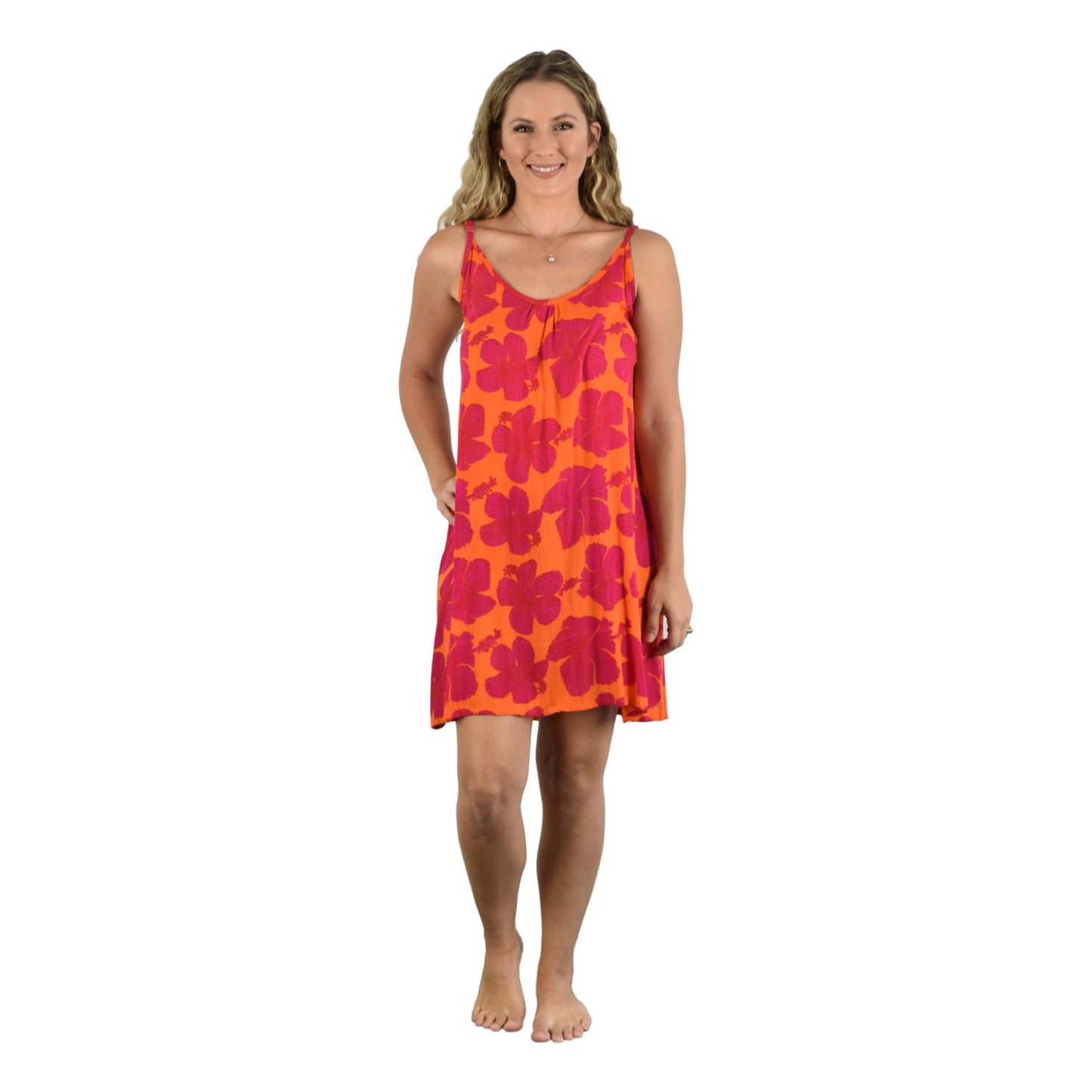 Bali Dress Short - BD-1501-S - Red Hibiscus on Orange
