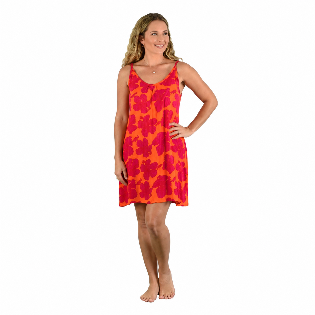 Bali Dress Short - BD-1501-S - Red Hibiscus on Orange