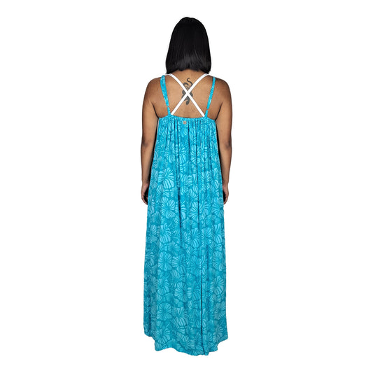 Bali Dress Long - BD-4014-L - Blue and Teal Hibiscus