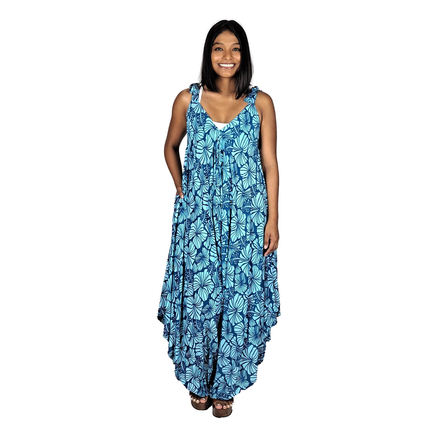 Bali Jumper - BJ-4015 - Dark Blue and Teal Hibiscus, Tie Strap