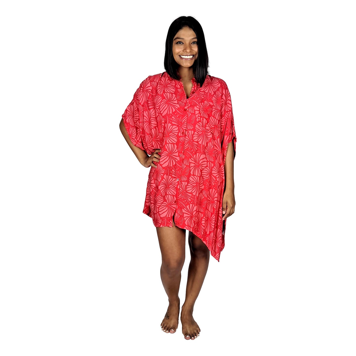 Boca Raton BOCA-4011 - Red and Pink Hibiscus Cover Up Shirt One Size up to 3X