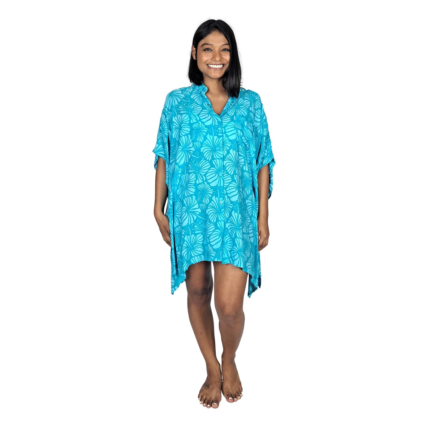 Boca Raton BOCA-4014 - Blue and Teal Hibiscus Cover Up Shirt One Size up to 3X