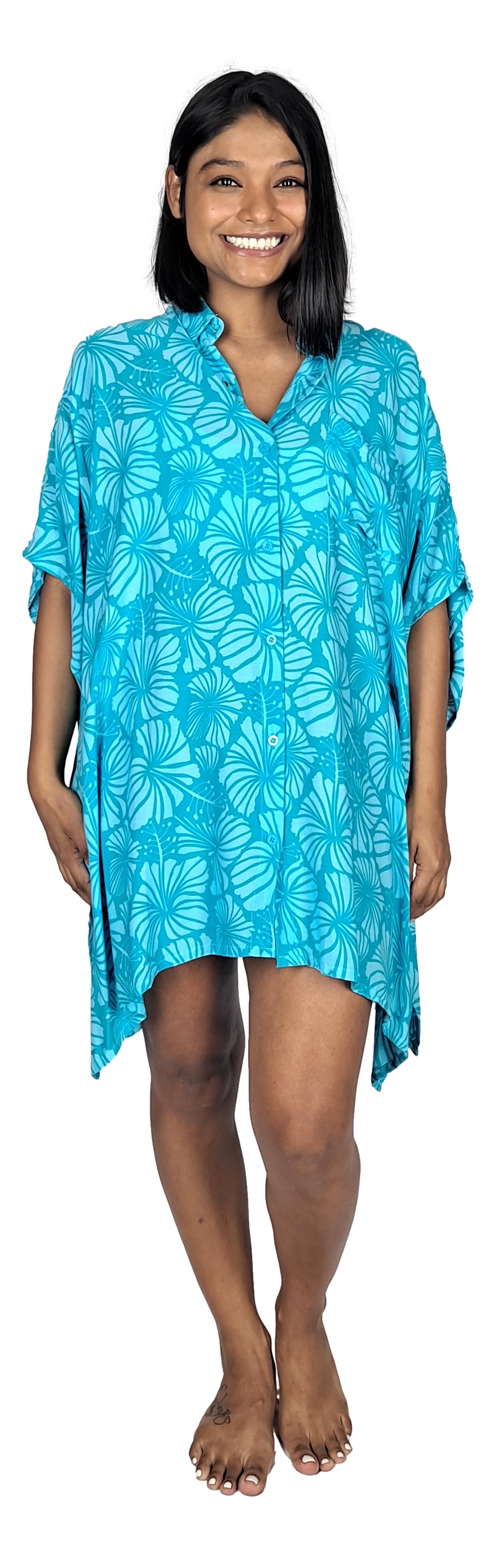 Boca Raton BOCA-4014 - Blue and Teal Hibiscus Cover Up Shirt One Size up to 3X