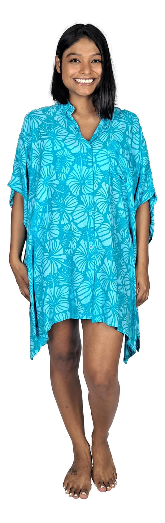 Boca Raton BOCA-4014 - Blue and Teal Hibiscus Cover Up Shirt One Size up to 3X