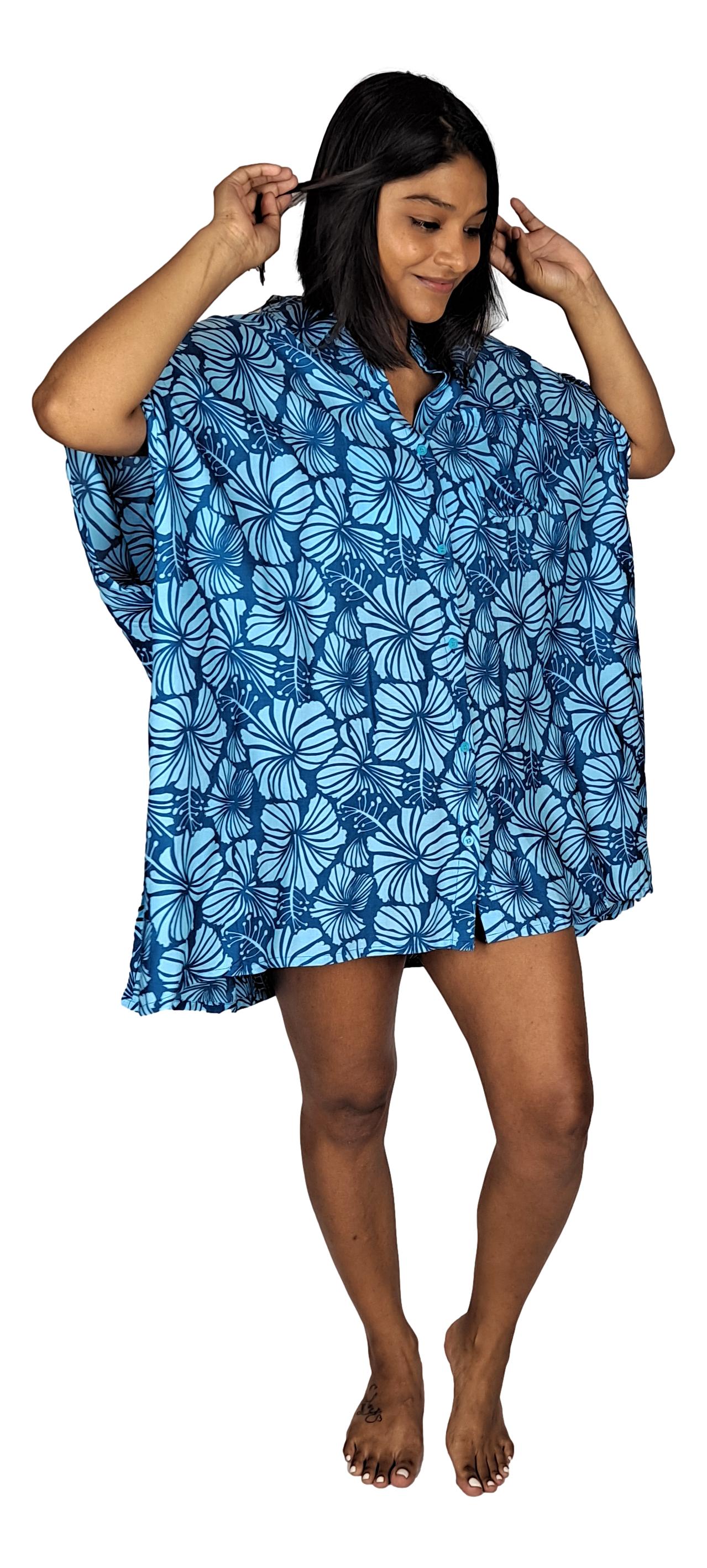 Boca Raton BOCA-4015 - Blue Hibiscus Cover Up Shirt One Size up to 3X