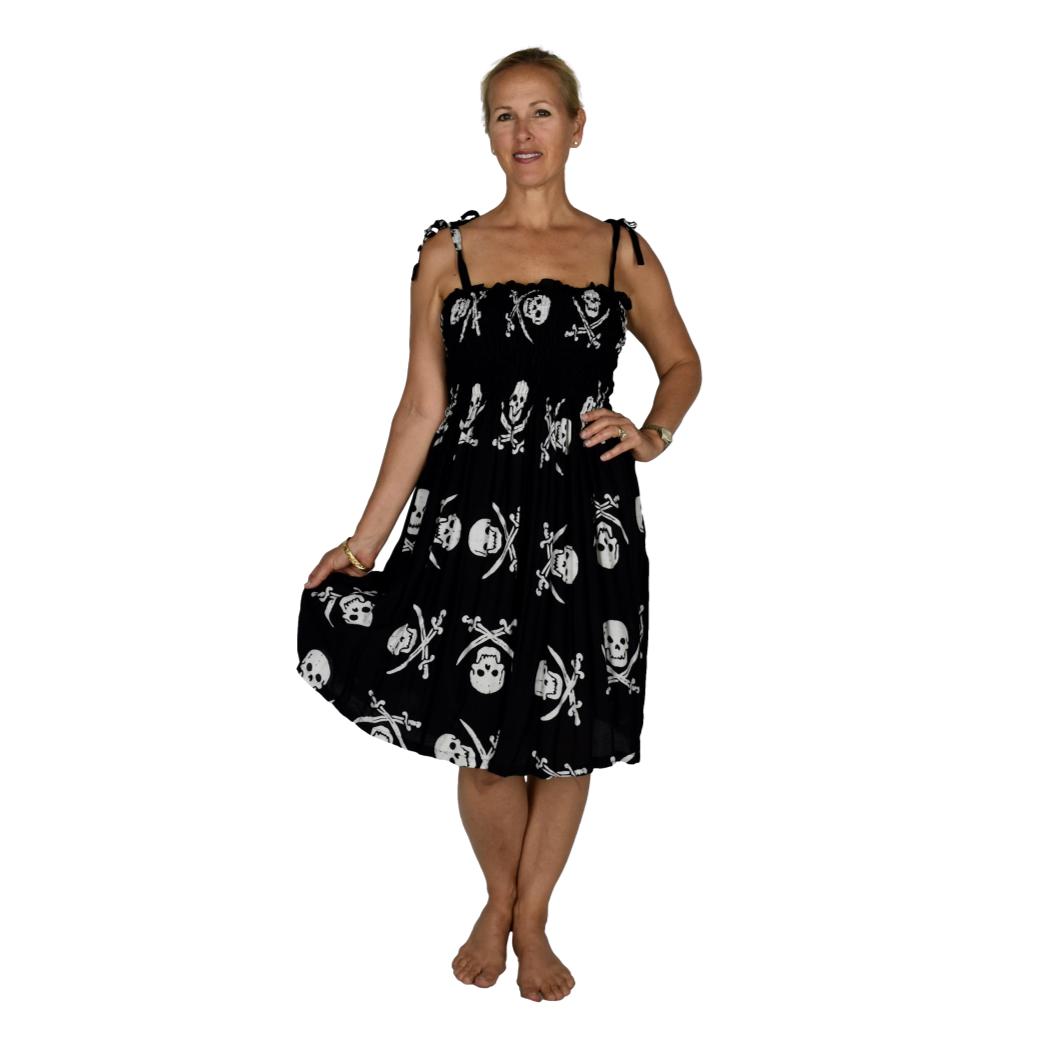 Elastic Smocked Dress – E1-2970 – Black and White Pirate Print, Tie Straps