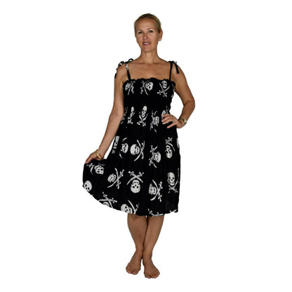 Elastic Smocked Dress – E1-2970 – Black and White Pirate Print, Tie Straps