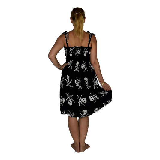 Elastic Smocked Dress – E1-2970 – Black and White Pirate Print, Tie Straps