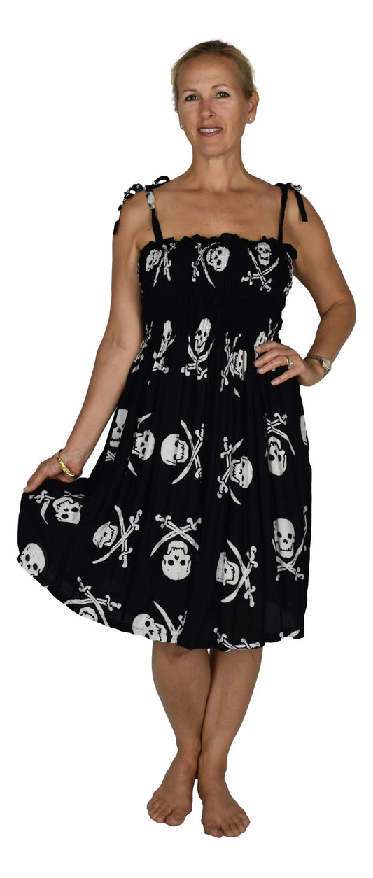 Elastic Smocked Dress – E1-2970 – Black and White Pirate Print, Tie Straps