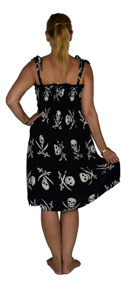 Elastic Smocked Dress – E1-2970 – Black and White Pirate Print, Tie Straps