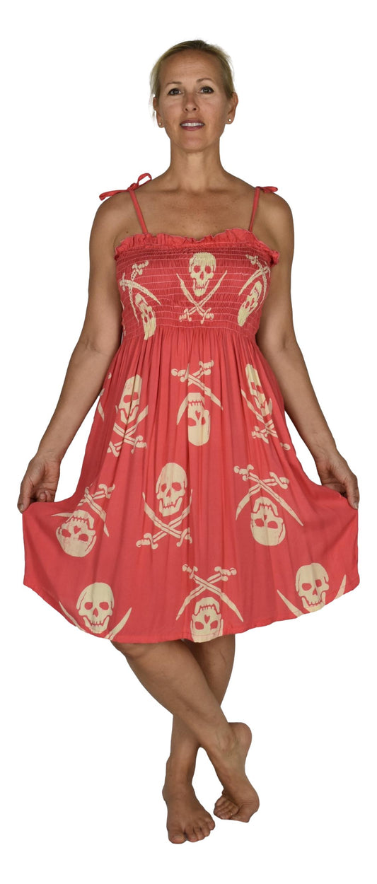 Elastic Smocked Dress – E1-3042 – Pink Pirate Print, Tie Straps