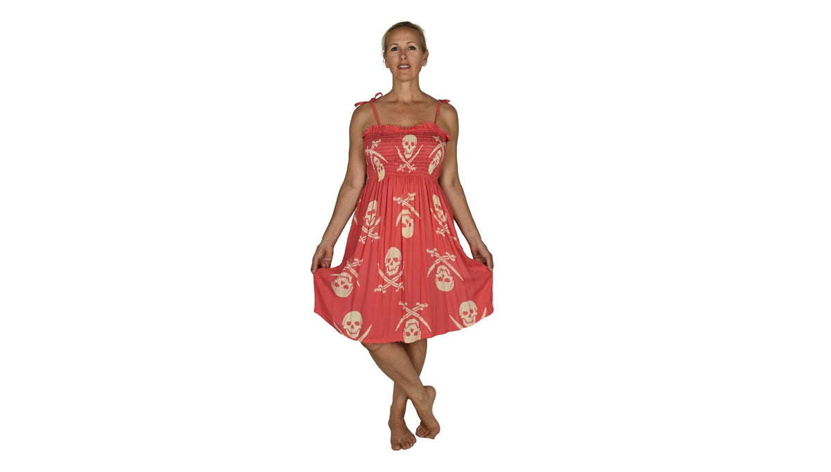 Elastic Smocked Dress – E1-3042 – Pink Pirate Print, Tie Straps