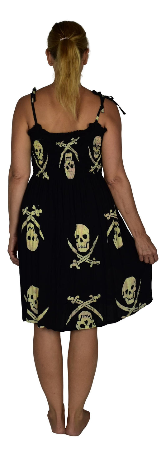 Elastic Smocked Dress – E1-3043– Black and Beige Pirate Print, Tie Straps
