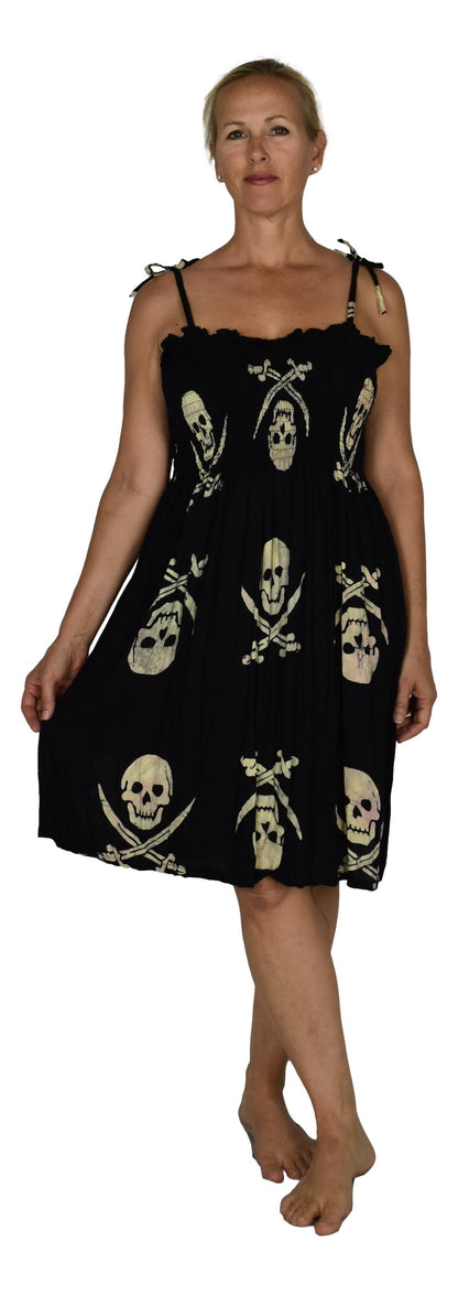 Elastic Smocked Dress – E1-3043– Black and Beige Pirate Print, Tie Straps