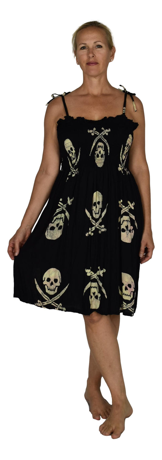 Elastic Smocked Dress – E1-3043– Black and Beige Pirate Print, Tie Straps