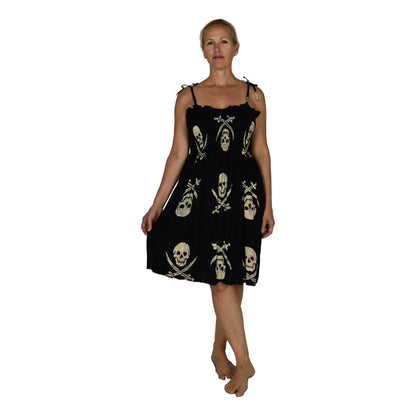 Elastic Smocked Dress – E1-3043– Black and Beige Pirate Print, Tie Straps