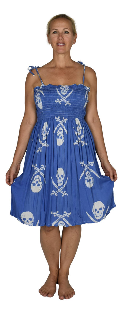 Elastic Smocked Dress – E1-3044– Blue and White Pirate Print, Tie Straps