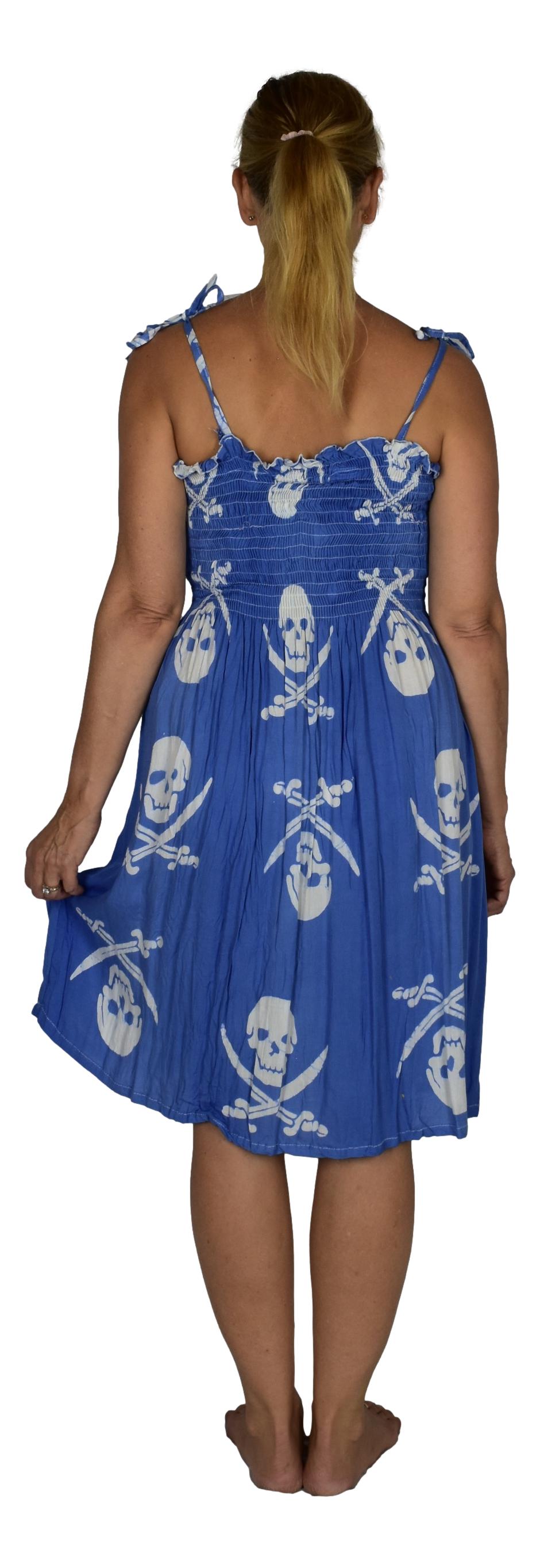 Elastic Smocked Dress – E1-3044– Blue and White Pirate Print, Tie Straps