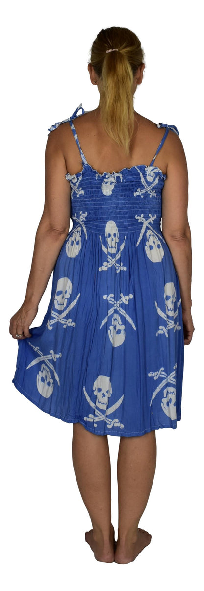 Elastic Smocked Dress – E1-3044– Blue and White Pirate Print, Tie Straps