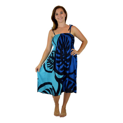 Elastic Smocked Dress – E1-MON2-6 – Blue Monstera, Tie Straps