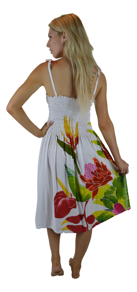 Elastic Smocked Dress - E3-121 - White Tropical Bouquet