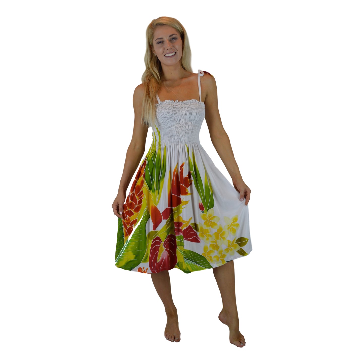 Elastic Smocked Dress - E3-121 - White Tropical Bouquet